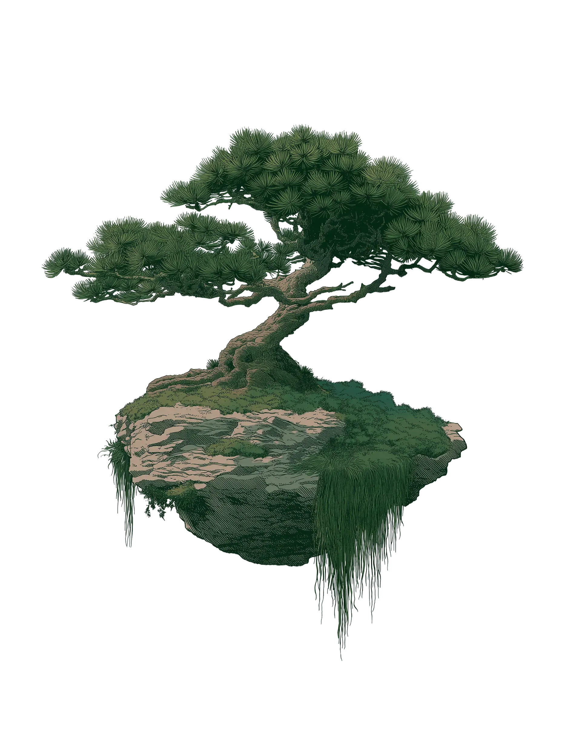 A bonsai growing from a floating island of forest floor