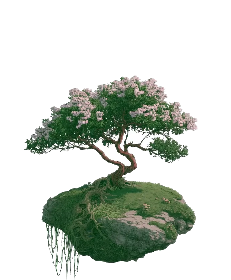 A windswept bonsai on a floating island