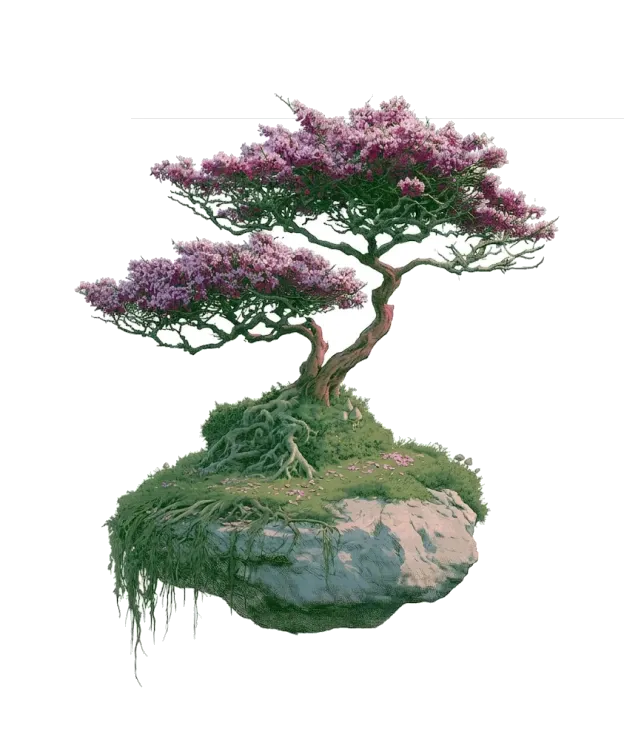 A flowering bonsai on a floating rock