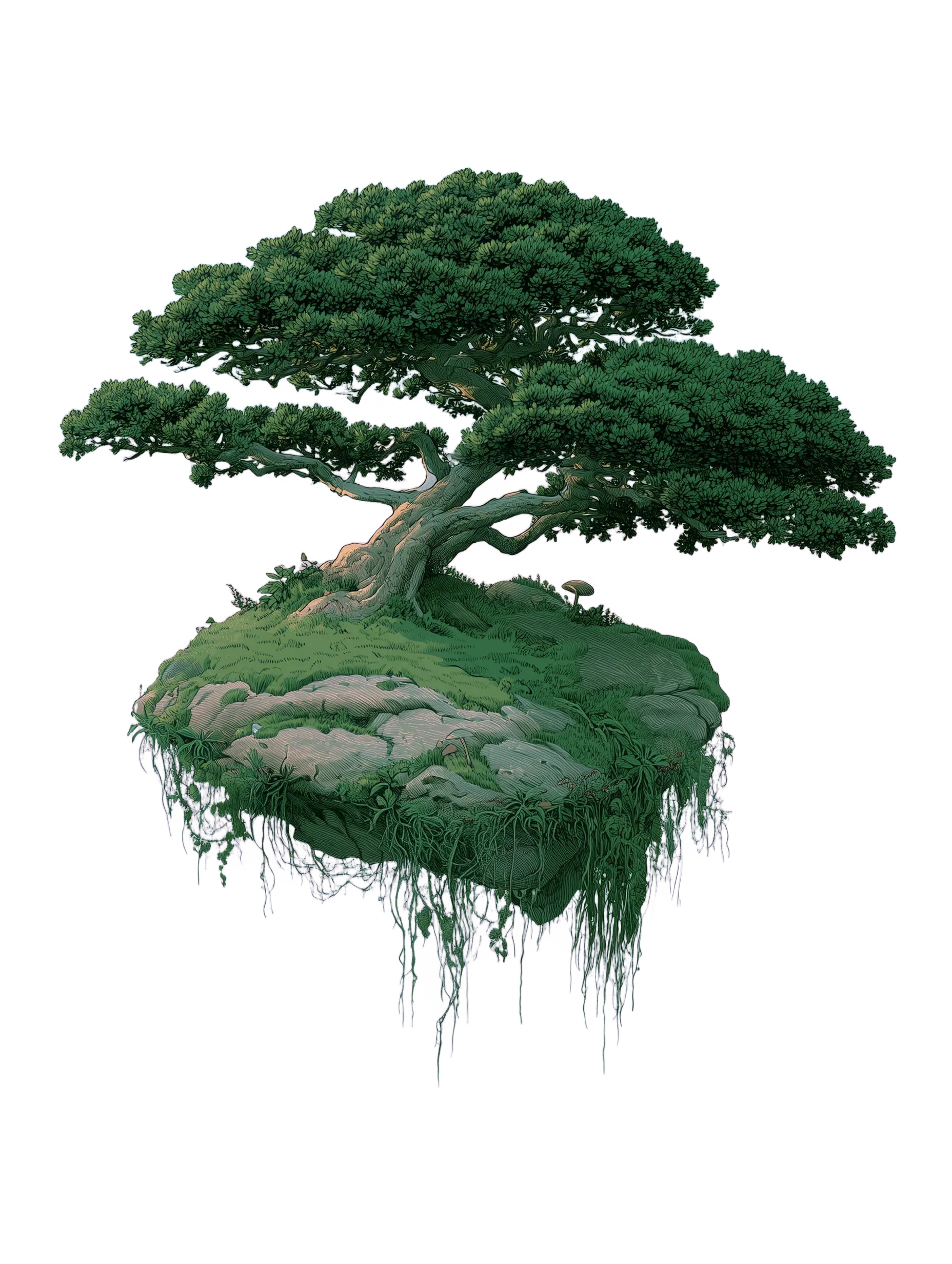 A sprawling bonsai on a floating island trailing roots