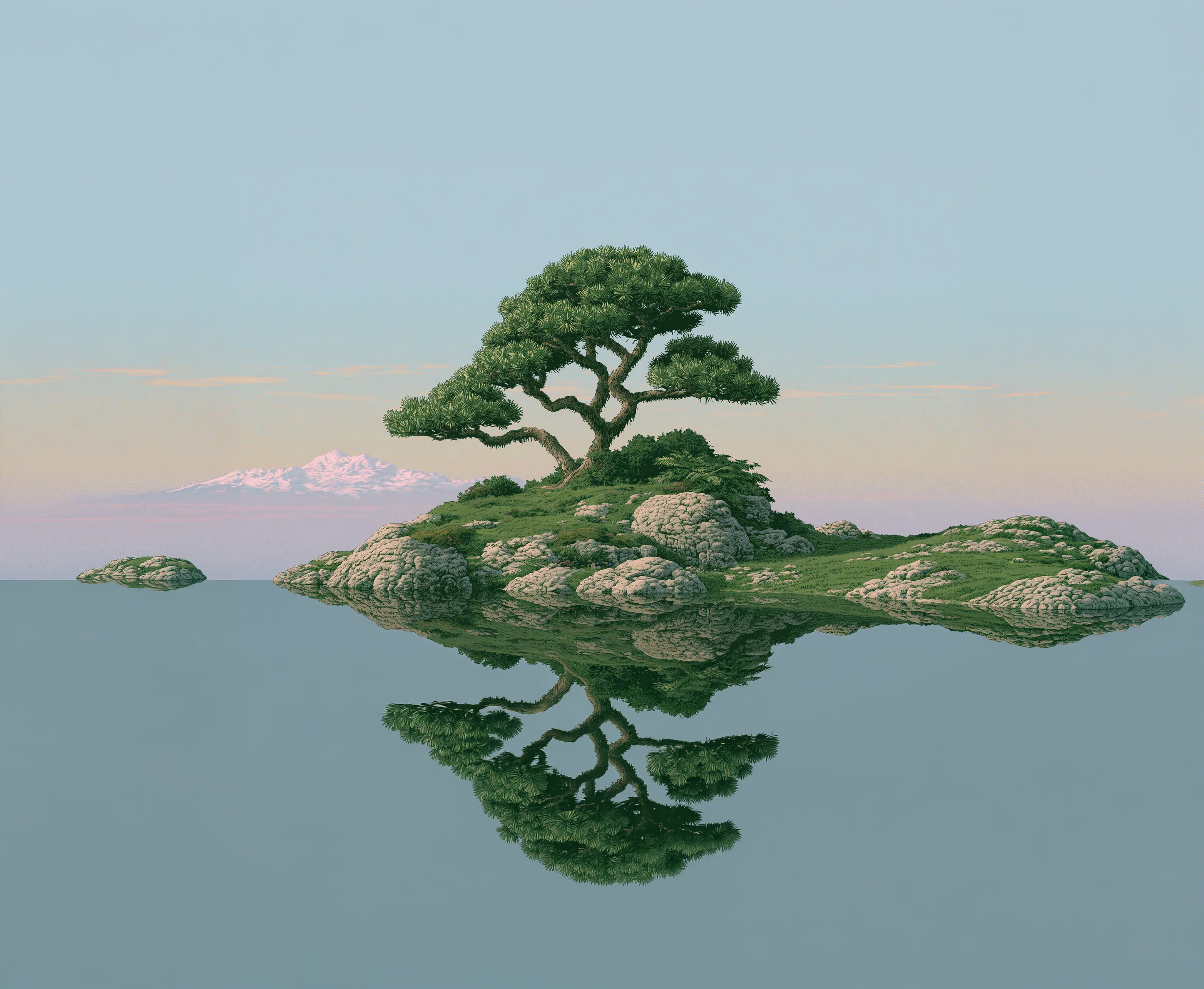 A lone tree on a rocky island, mirrored in still water