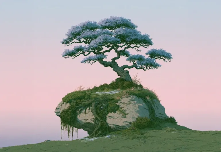 A moss-covered bonsai on a hillside at dusk