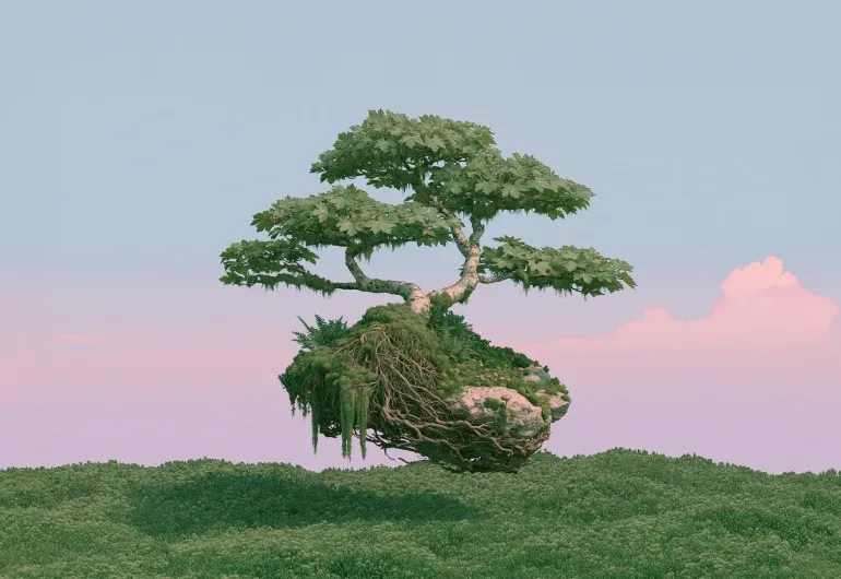 A pine bonsai overlooking a mountain lake